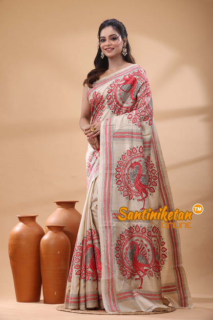 Pure Gachi Tussar Silk Kantha Stitch Saree