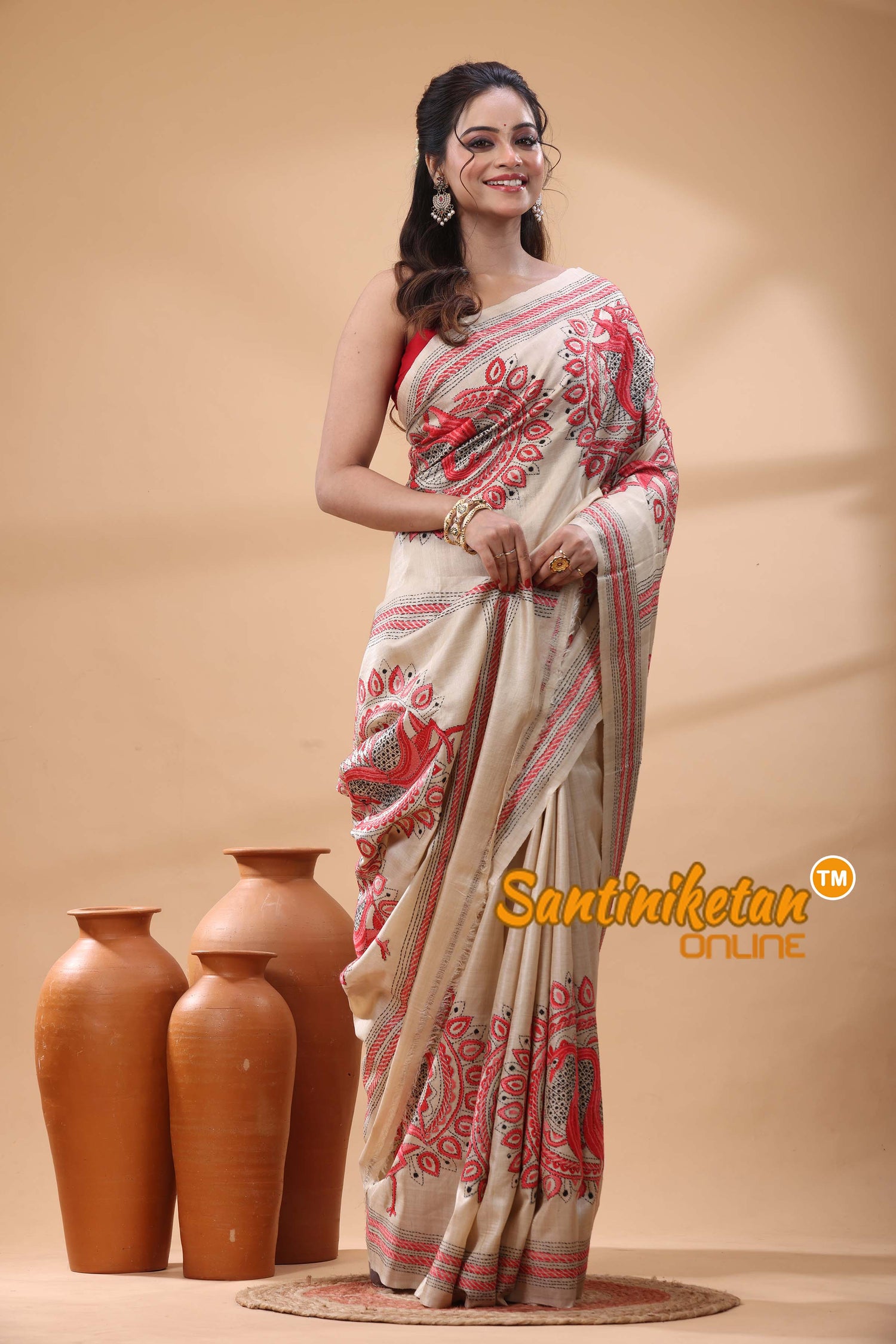 Pure Gachi Tussar Silk Kantha Stitch Saree