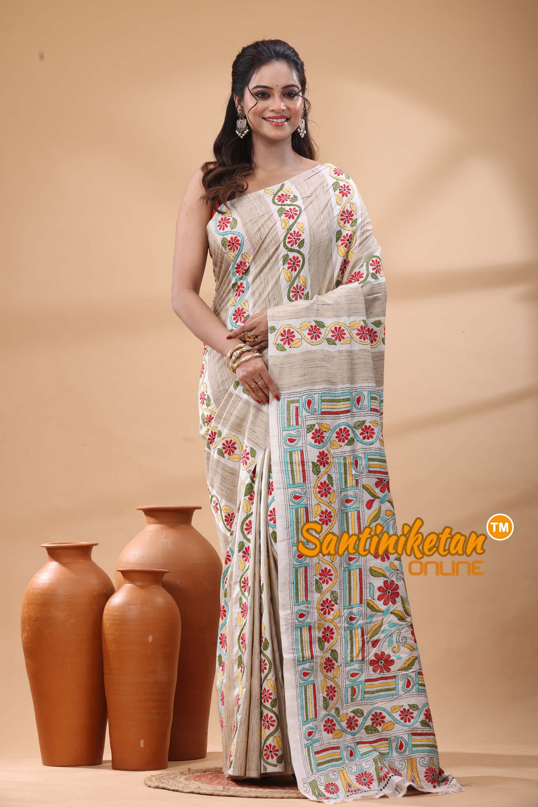 Bishnupuri (Katan) Silk Kantha Stitch Saree