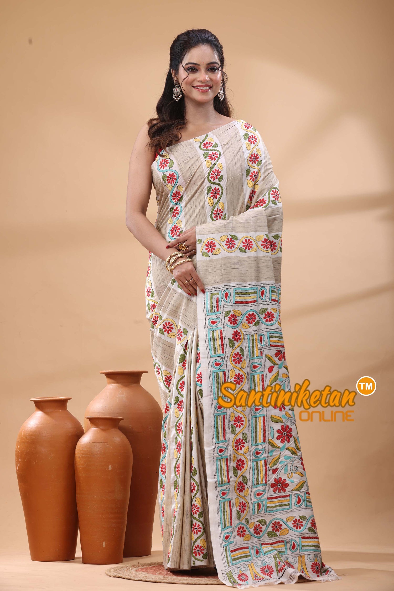 Bishnupuri (Katan) Silk Kantha Stitch Saree