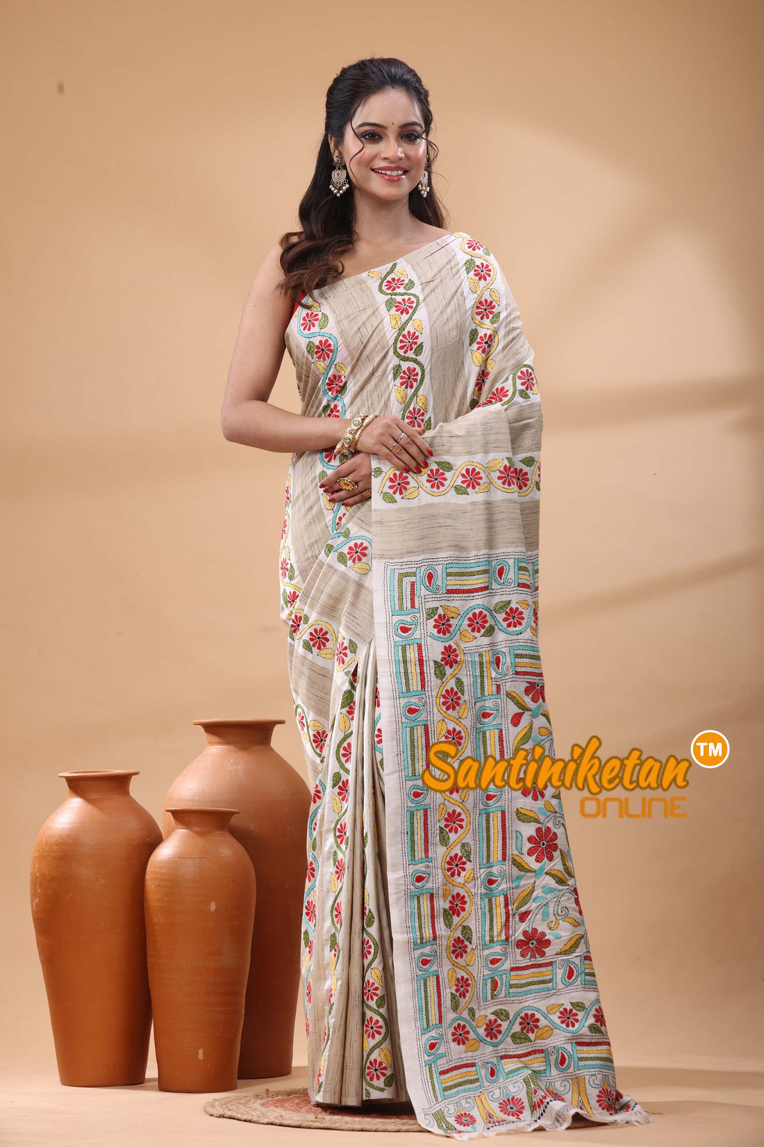 Bishnupuri (Katan) Silk Kantha Stitch Saree