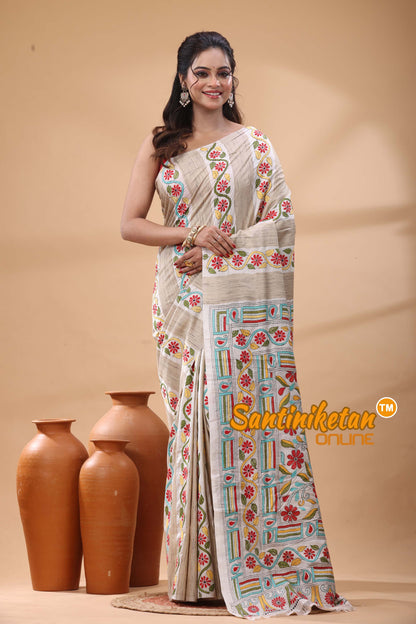 Bishnupuri (Katan) Silk Kantha Stitch Saree