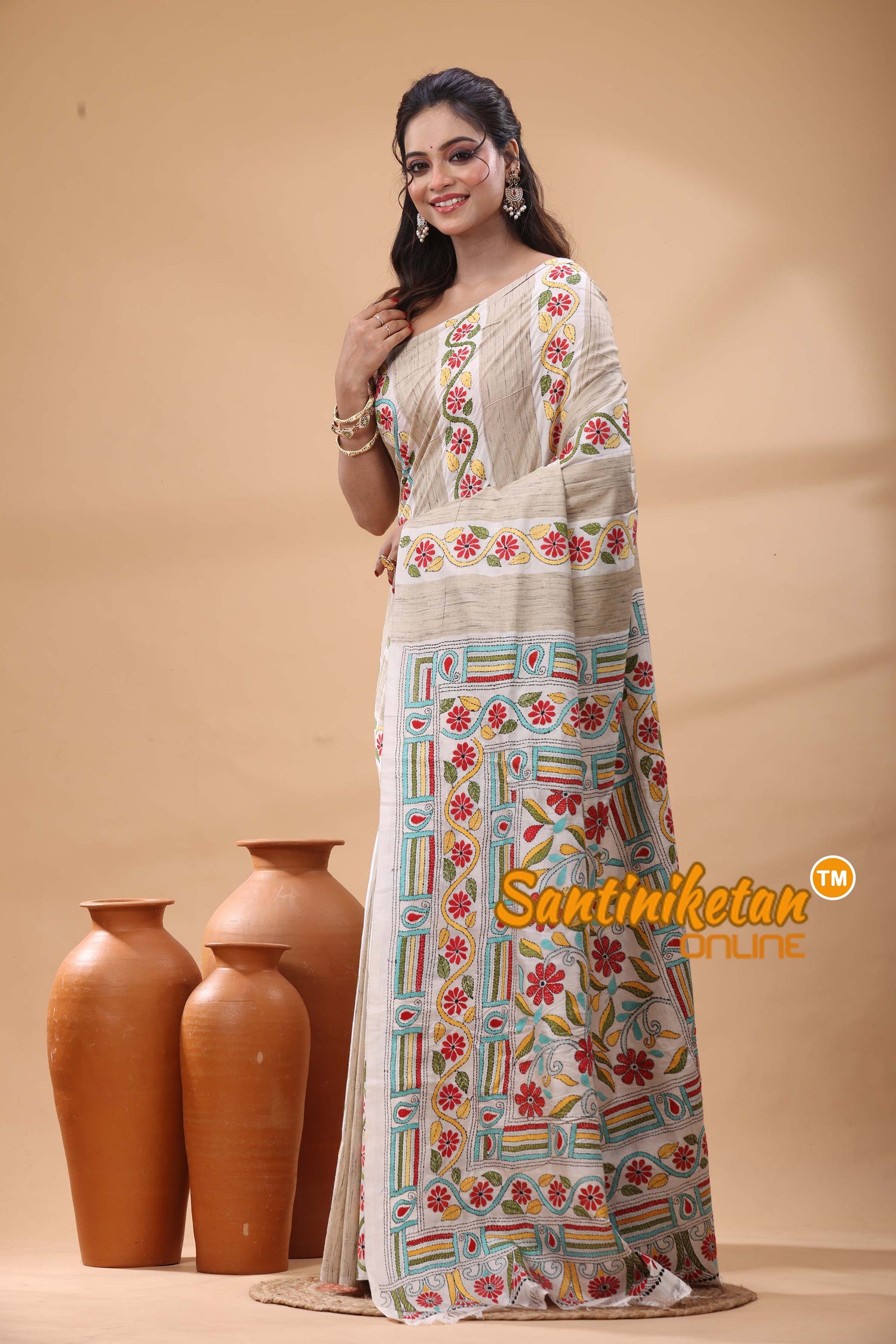 Bishnupuri (Katan) Silk Kantha Stitch Saree