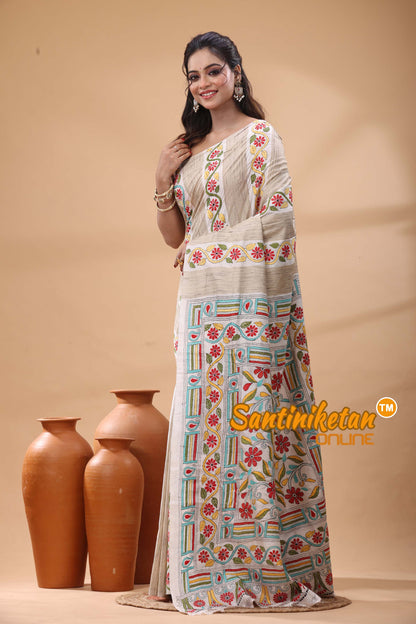 Bishnupuri (Katan) Silk Kantha Stitch Saree