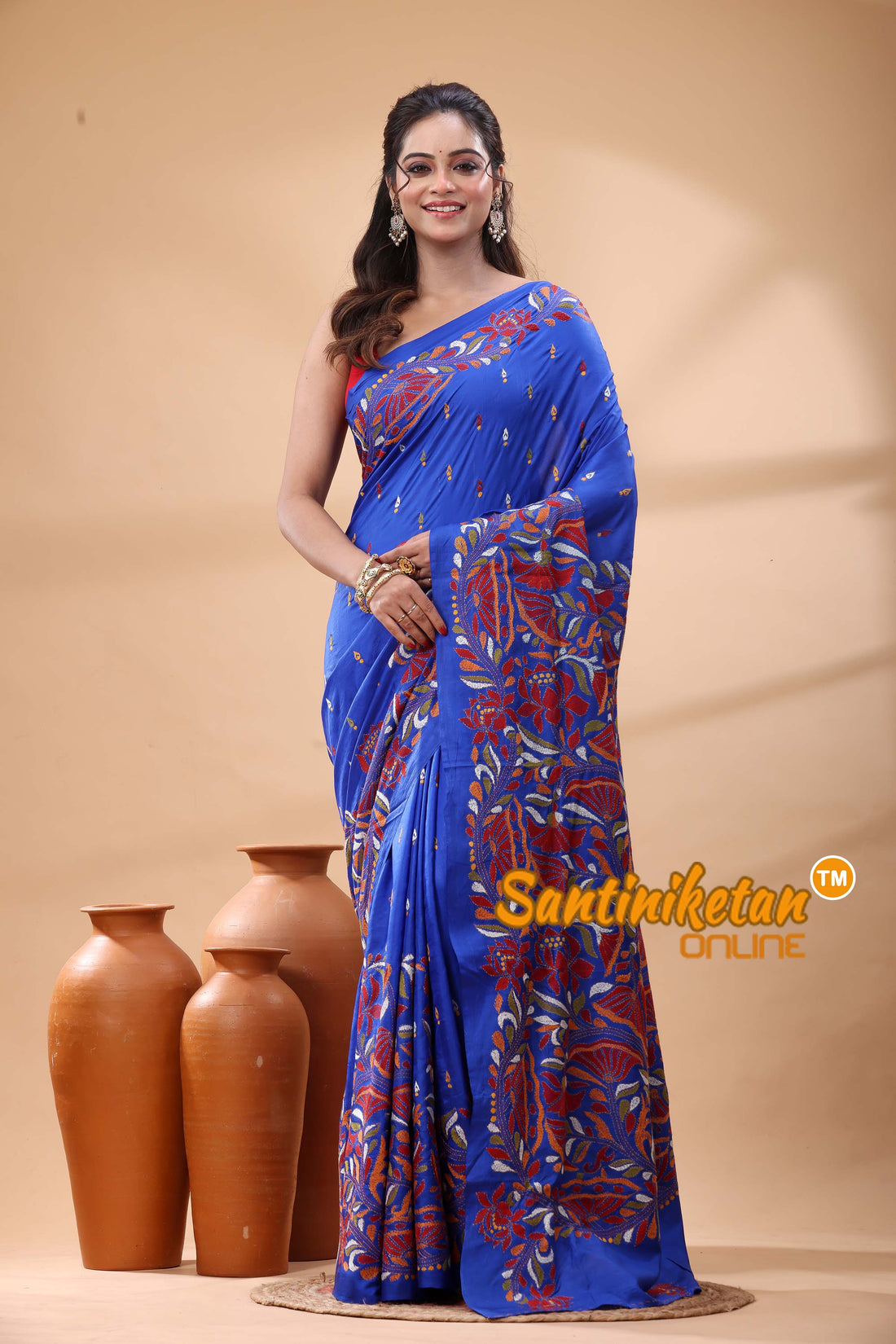 Pure Bangalore Silk Kantha Stitch Saree