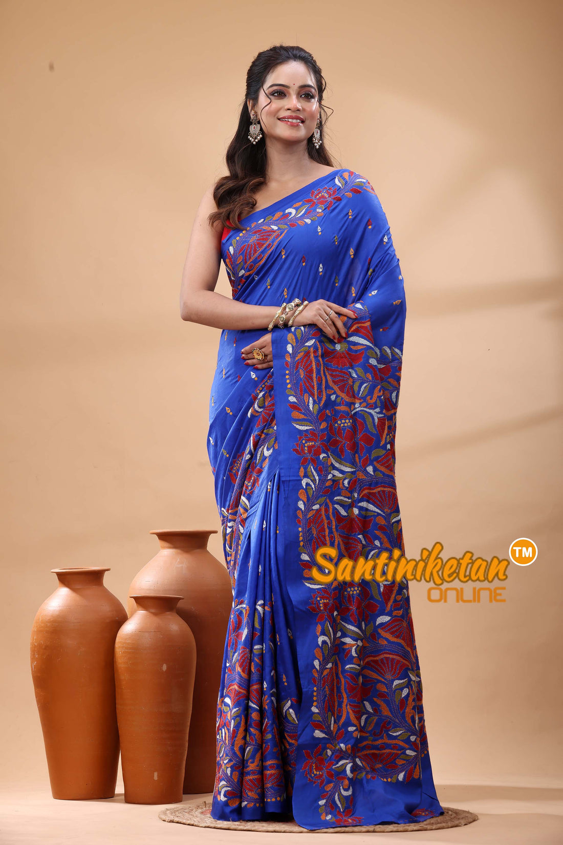Pure Bangalore Silk Kantha Stitch Saree