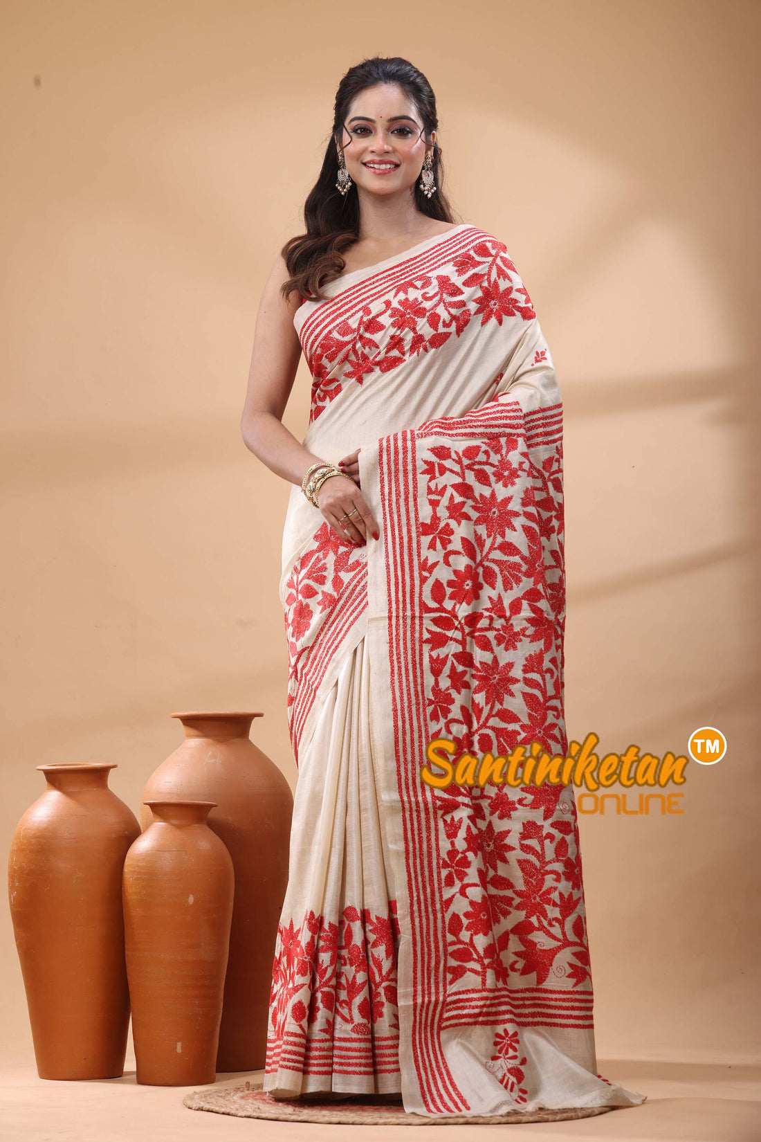 Pure Gachi Tussar Silk Kantha Stitch Saree
