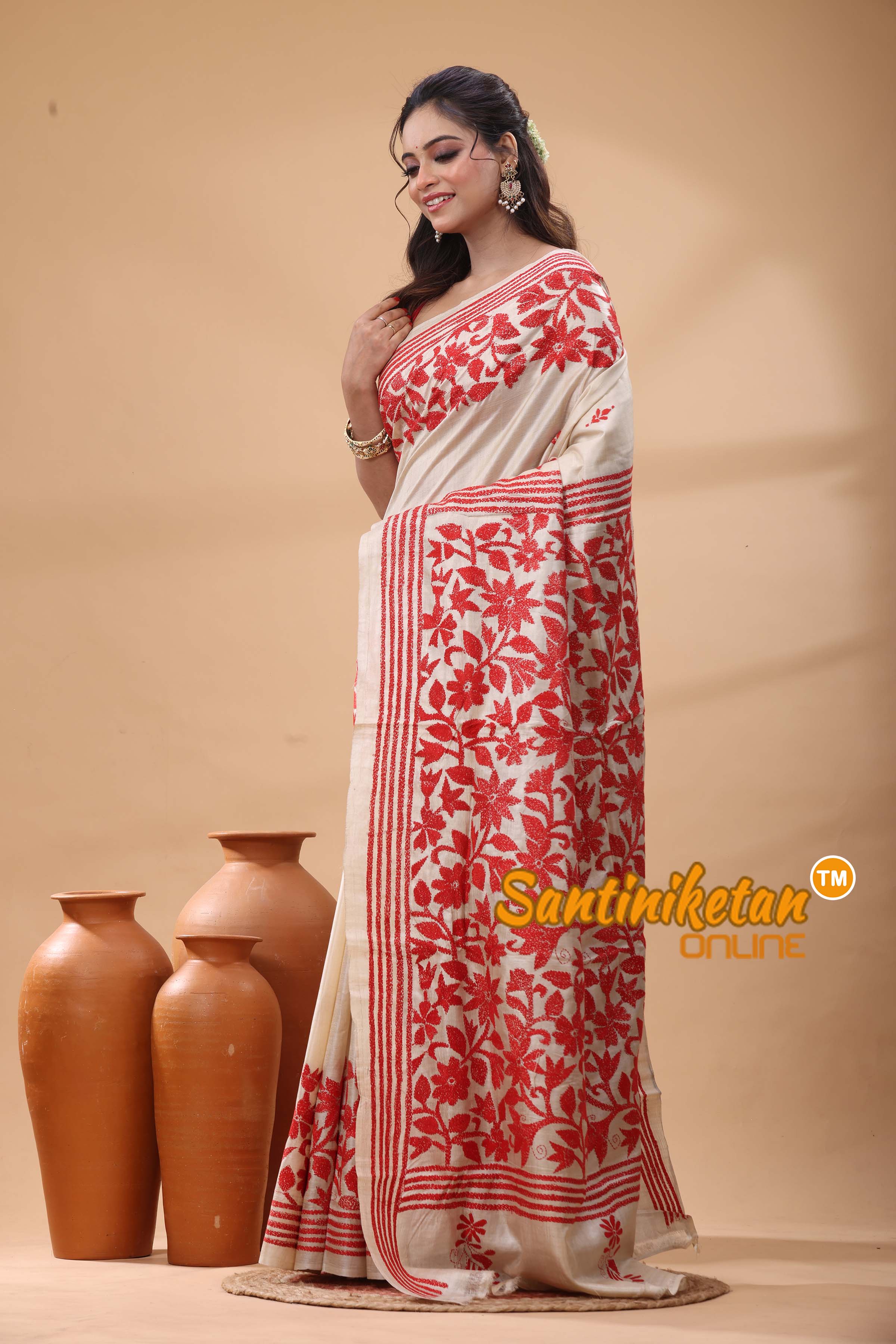 Pure Gachi Tussar Silk Kantha Stitch Saree