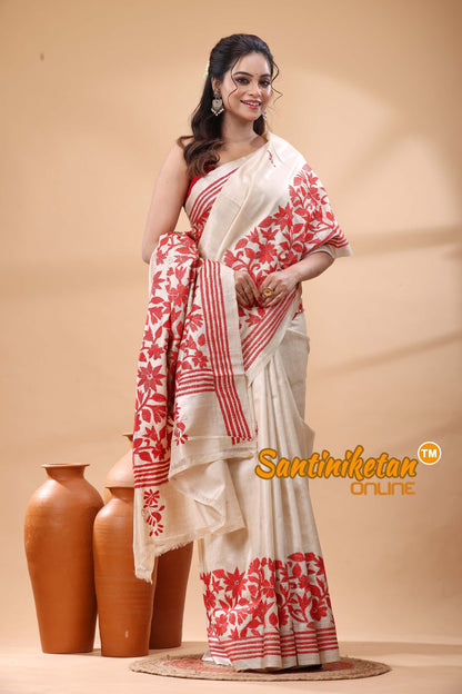 Pure Gachi Tussar Silk Kantha Stitch Saree