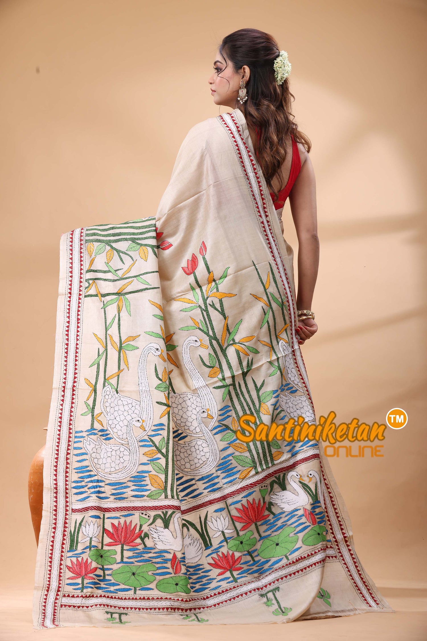 Pure Gachi Tussar Silk Kantha Stitch Saree