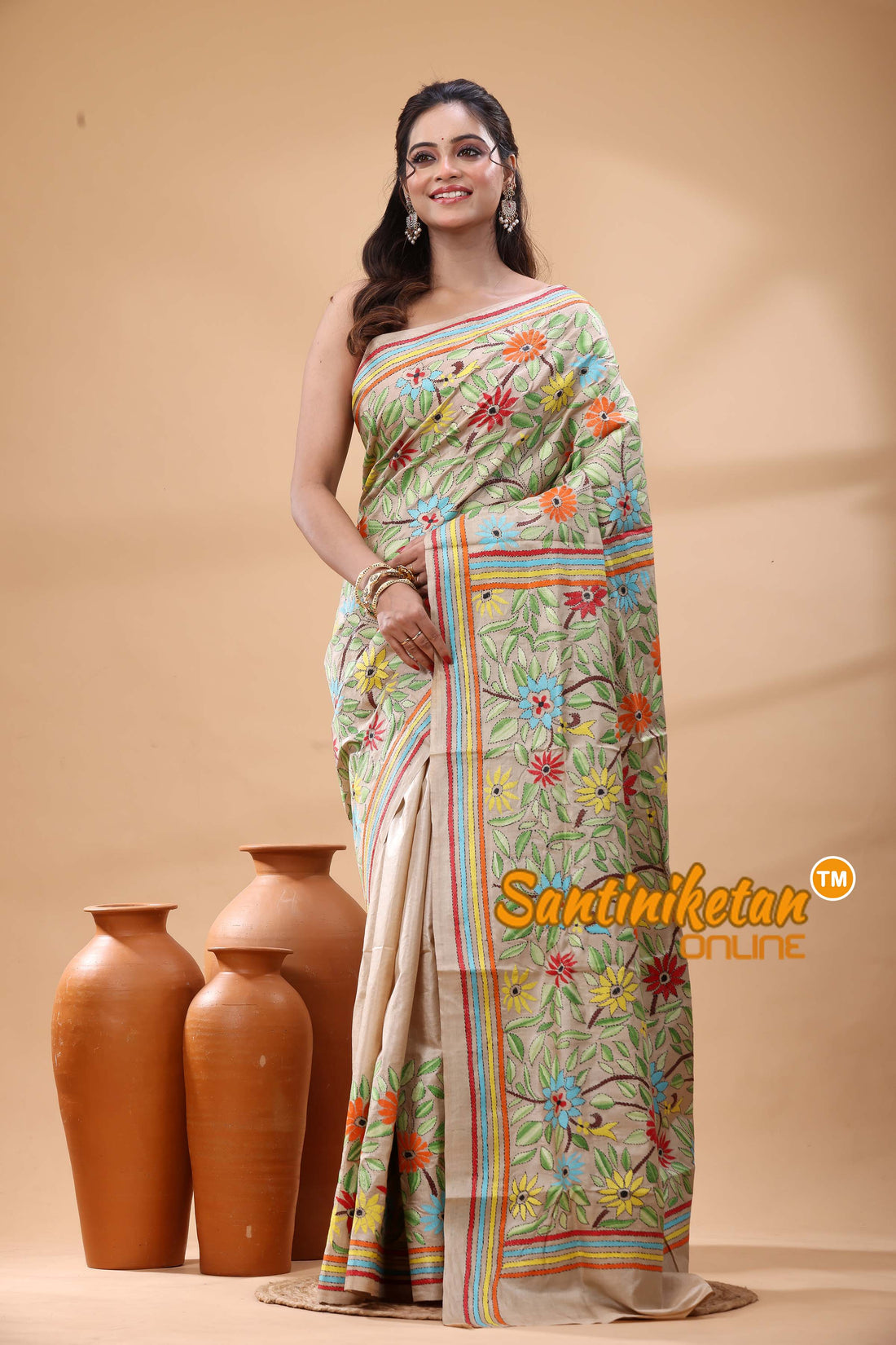 Pure Gachi Tussar Silk Kantha Stitch Saree