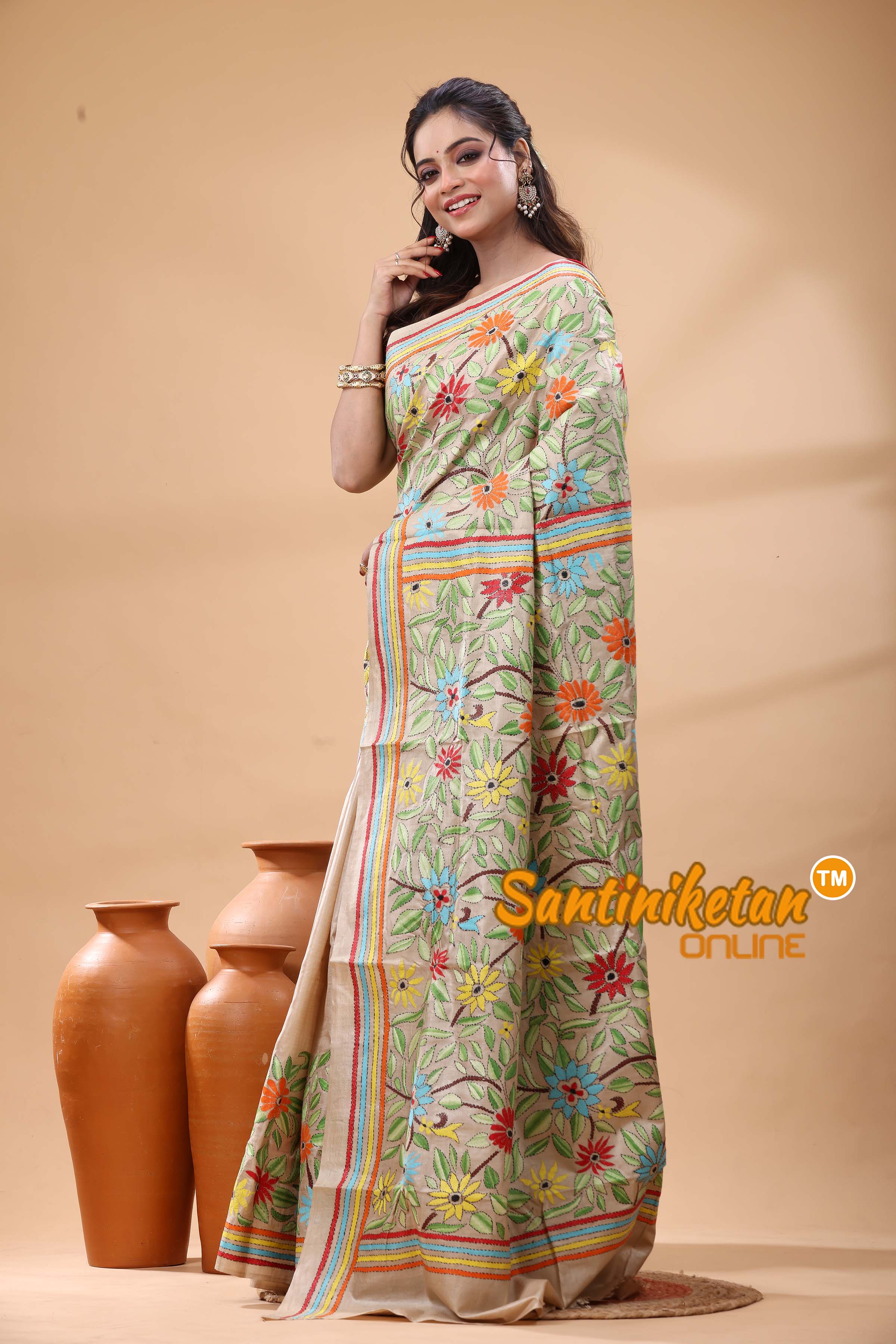 Pure Gachi Tussar Silk Kantha Stitch Saree