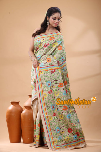 Pure Gachi Tussar Silk Kantha Stitch Saree