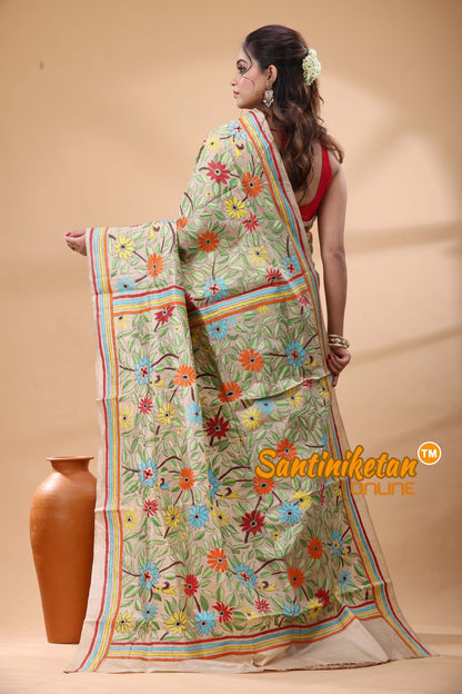 Pure Gachi Tussar Silk Kantha Stitch Saree
