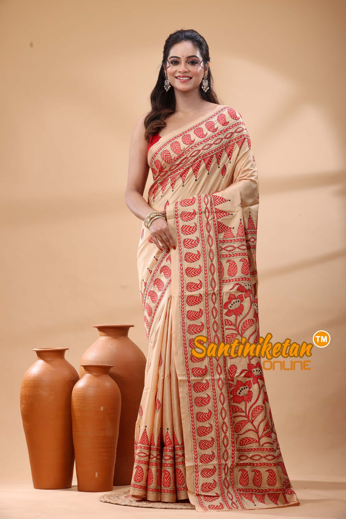 Pure Bangalore Silk Kantha Stitch Saree