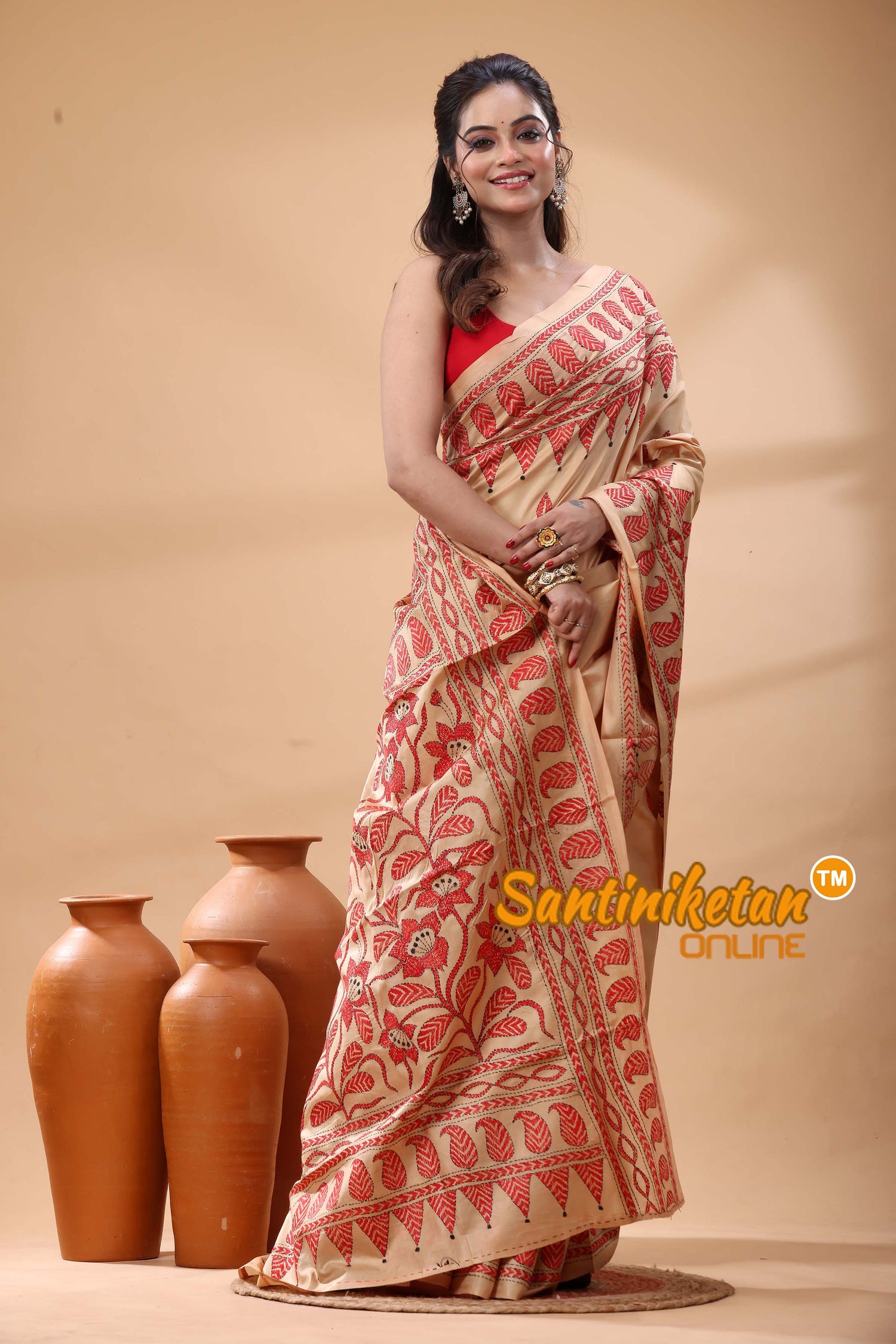 Pure Bangalore Silk Kantha Stitch Saree
