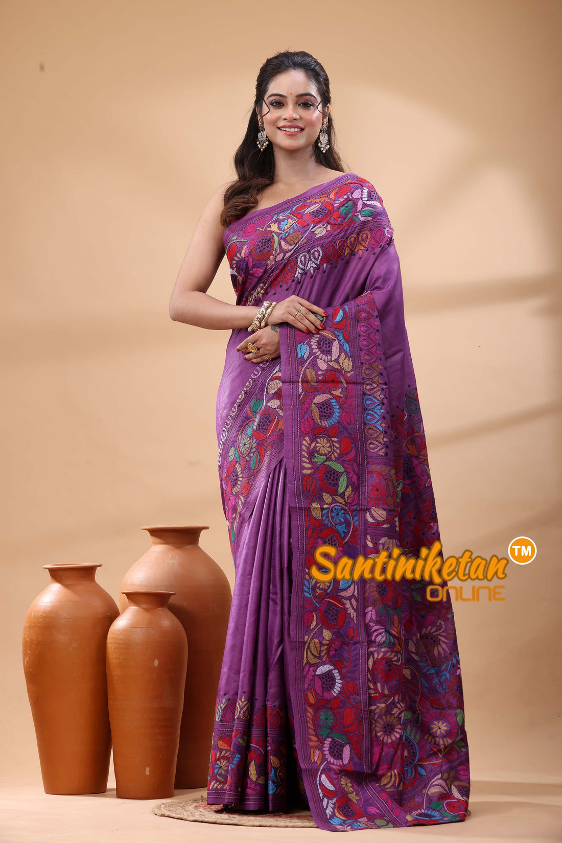 Pure Gachi Dye Tussar Silk Kantha Stitch Saree