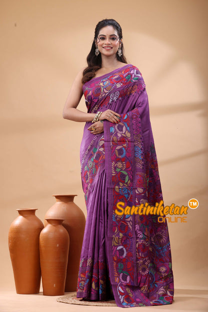 Pure Gachi Dye Tussar Silk Kantha Stitch Saree