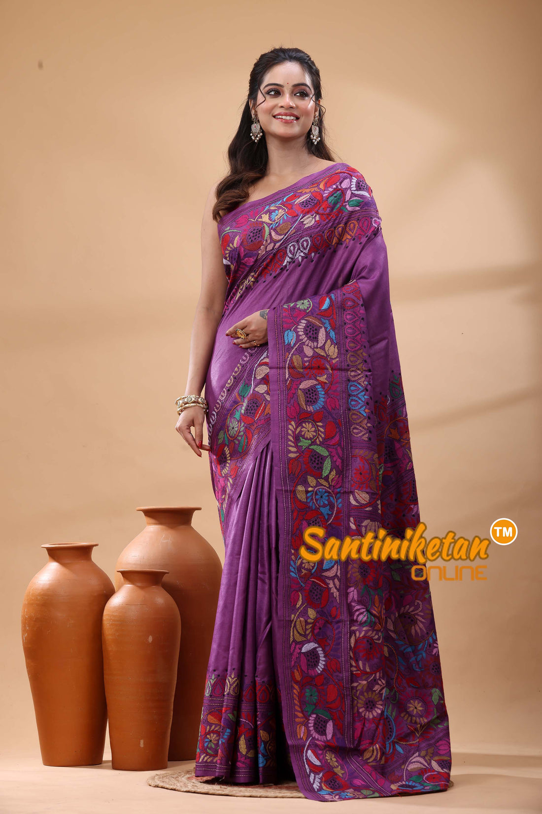 Pure Gachi Dye Tussar Silk Kantha Stitch Saree