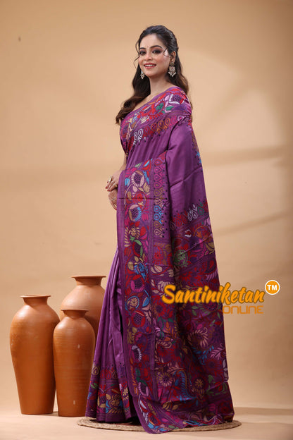 Pure Gachi Dye Tussar Silk Kantha Stitch Saree