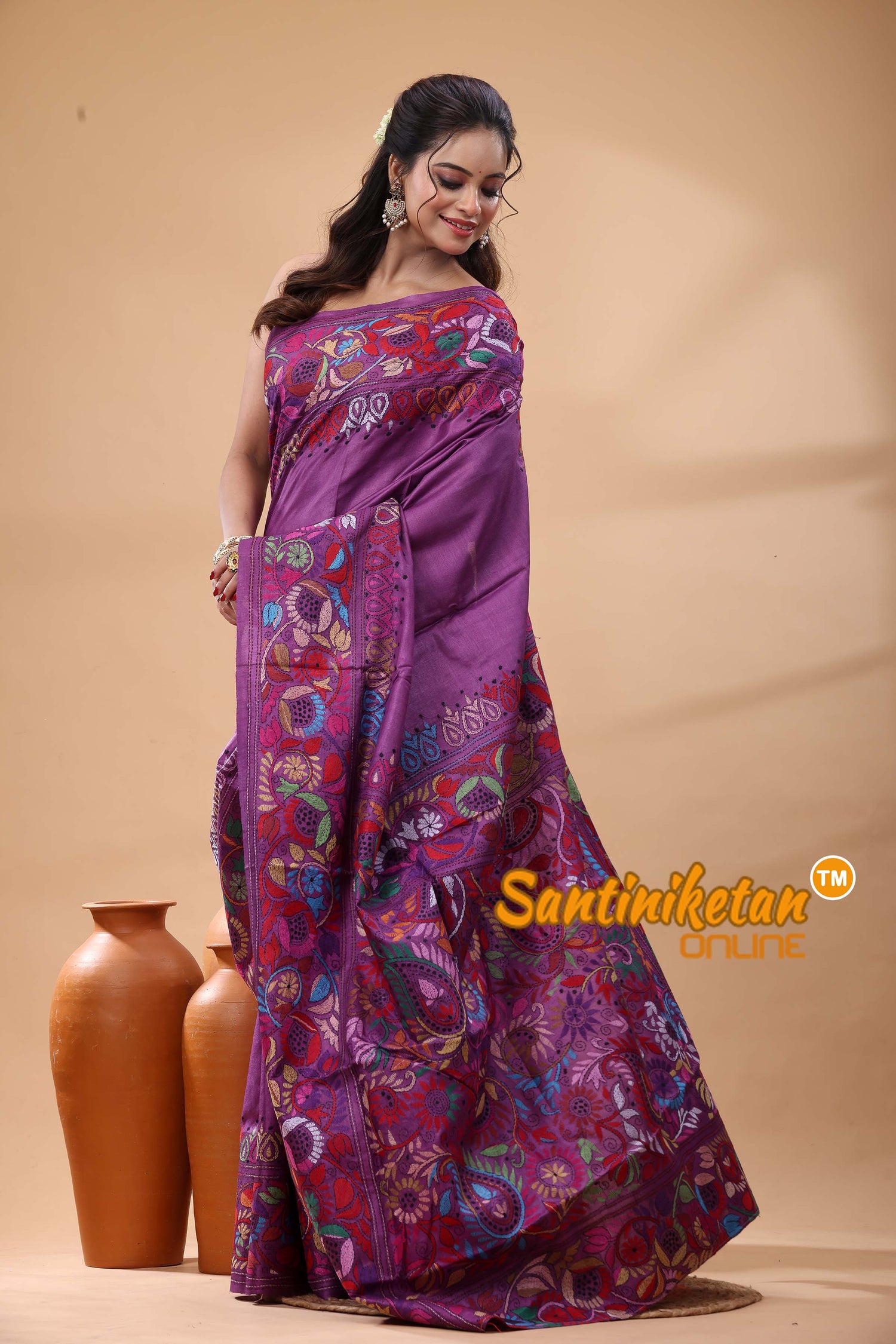 Pure Gachi Dye Tussar Silk Kantha Stitch Saree