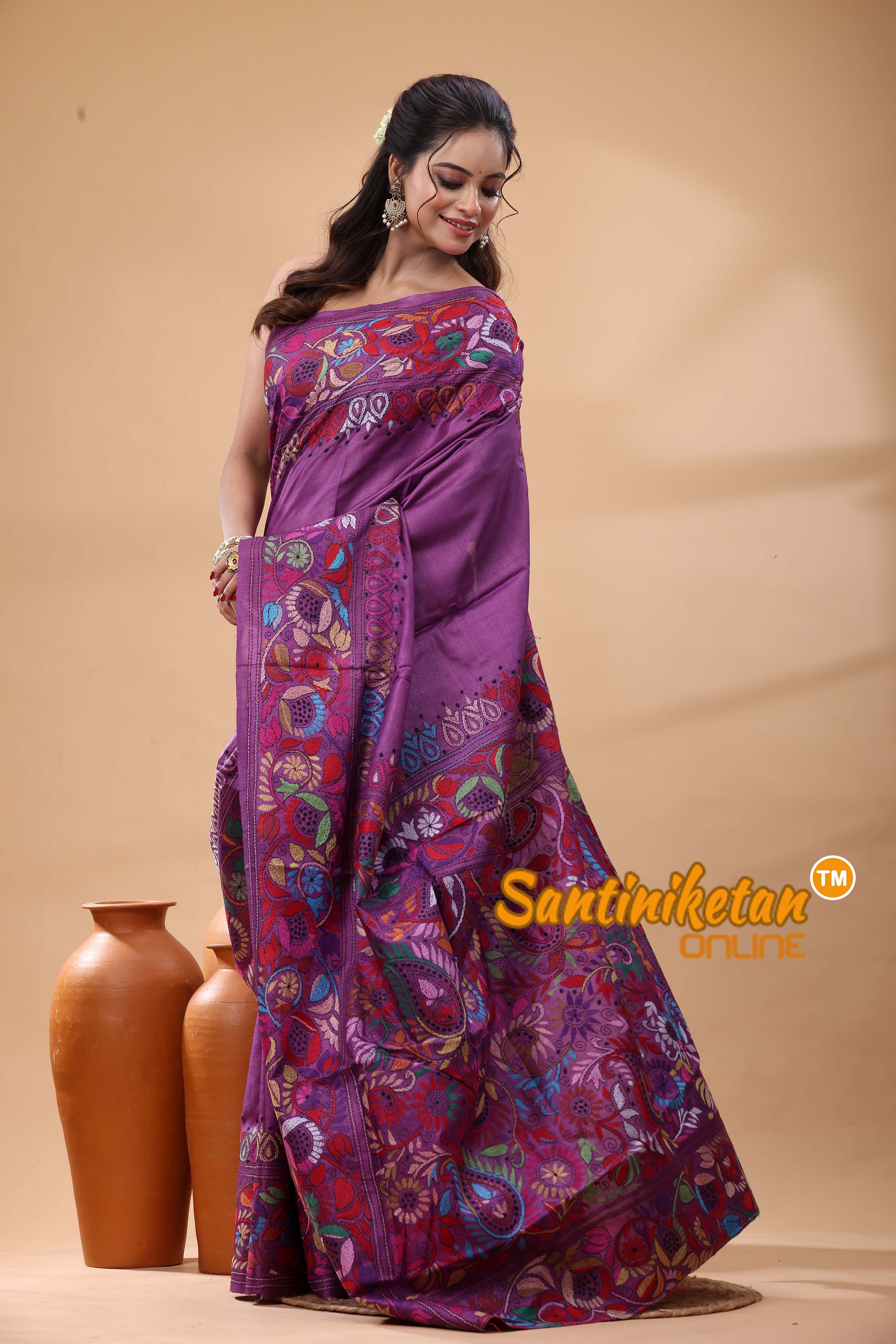 Pure Gachi Dye Tussar Silk Kantha Stitch Saree