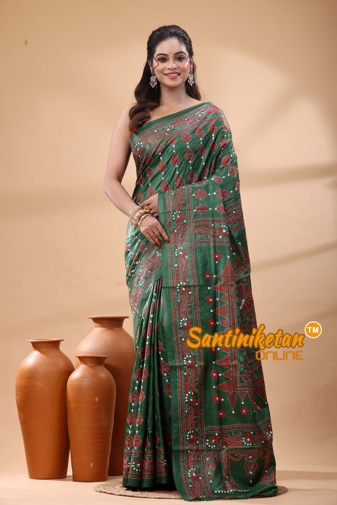 Pure Gachi Dye Tussar Silk Kantha Stitch Saree