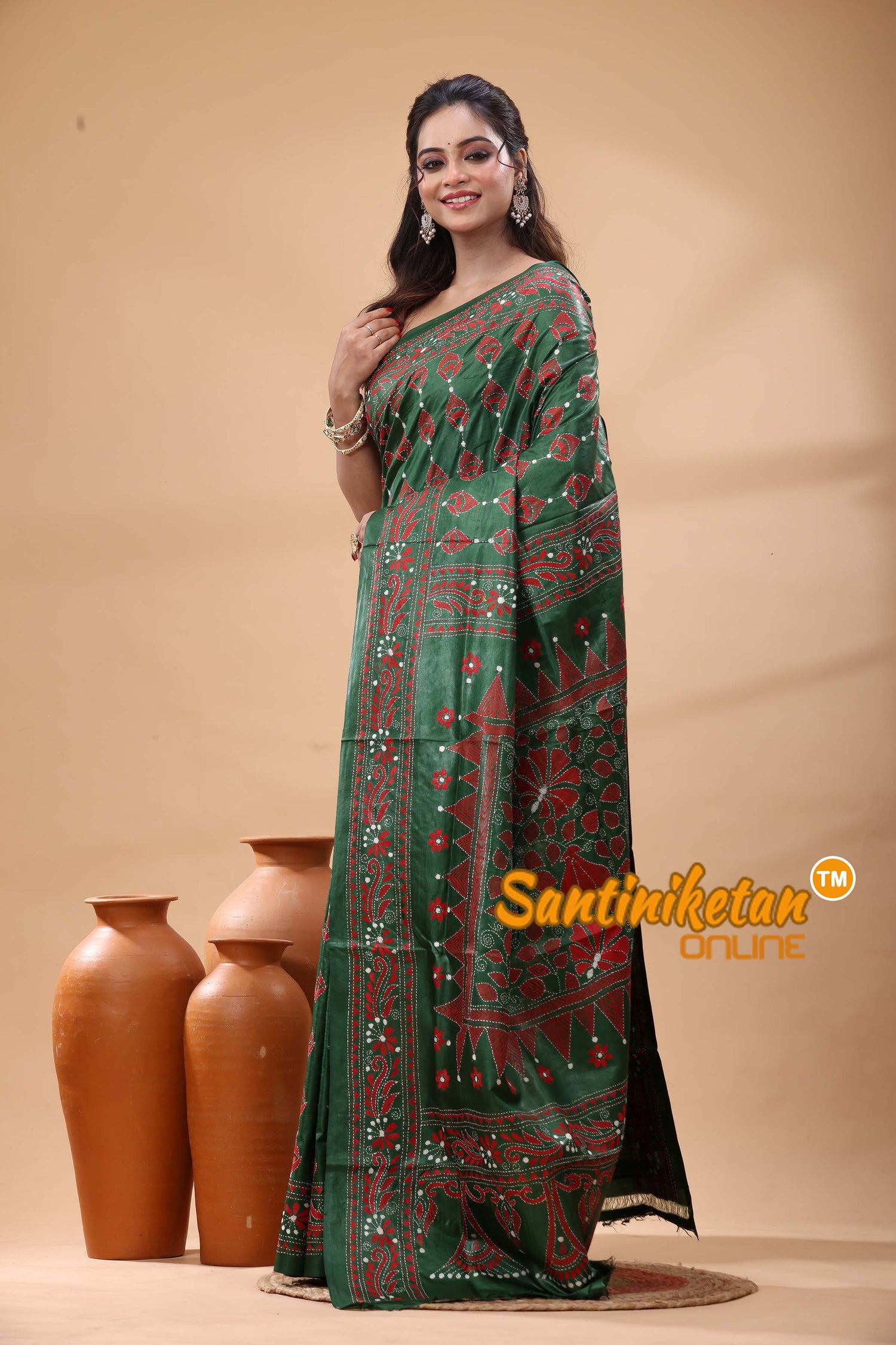 Pure Gachi Dye Tussar Silk Kantha Stitch Saree