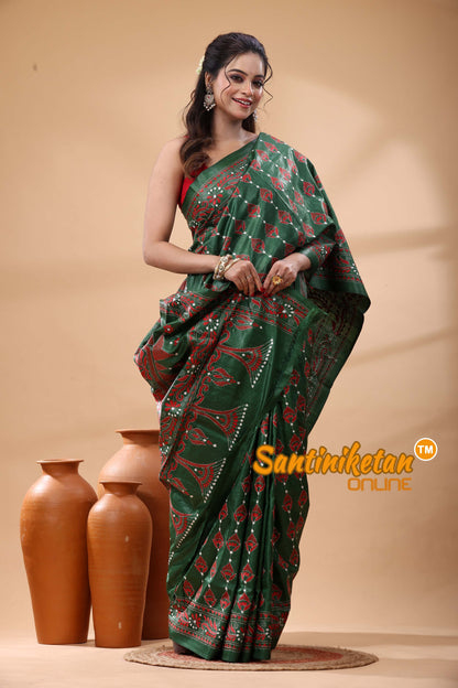 Pure Gachi Dye Tussar Silk Kantha Stitch Saree