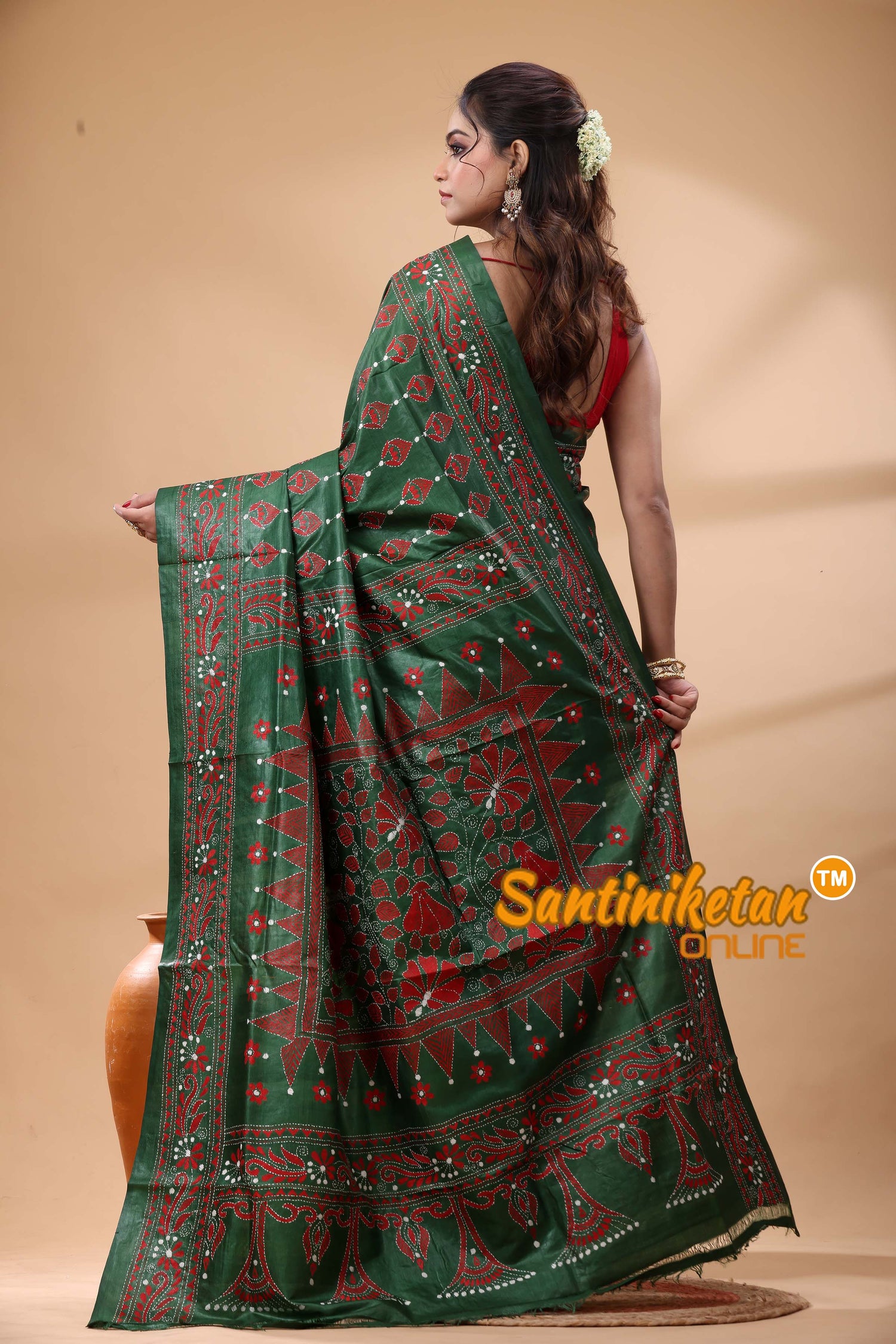 Pure Gachi Dye Tussar Silk Kantha Stitch Saree