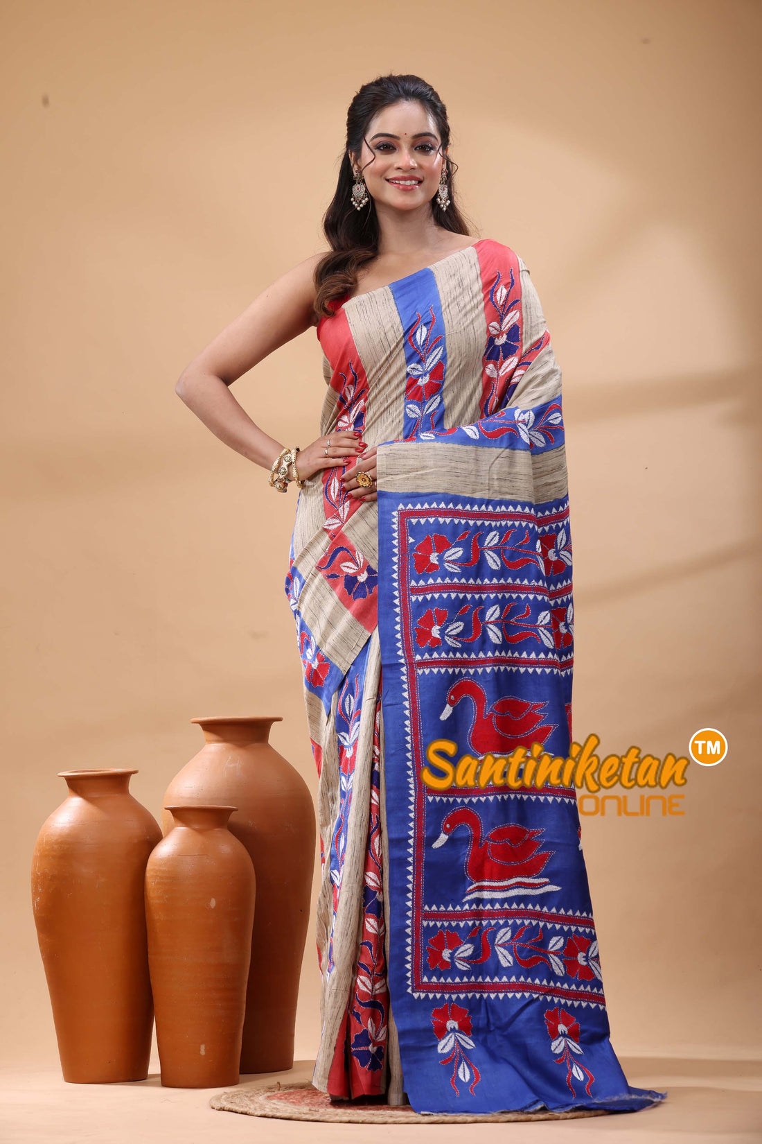 Pure Tussar Silk Kantha Stitch Saree