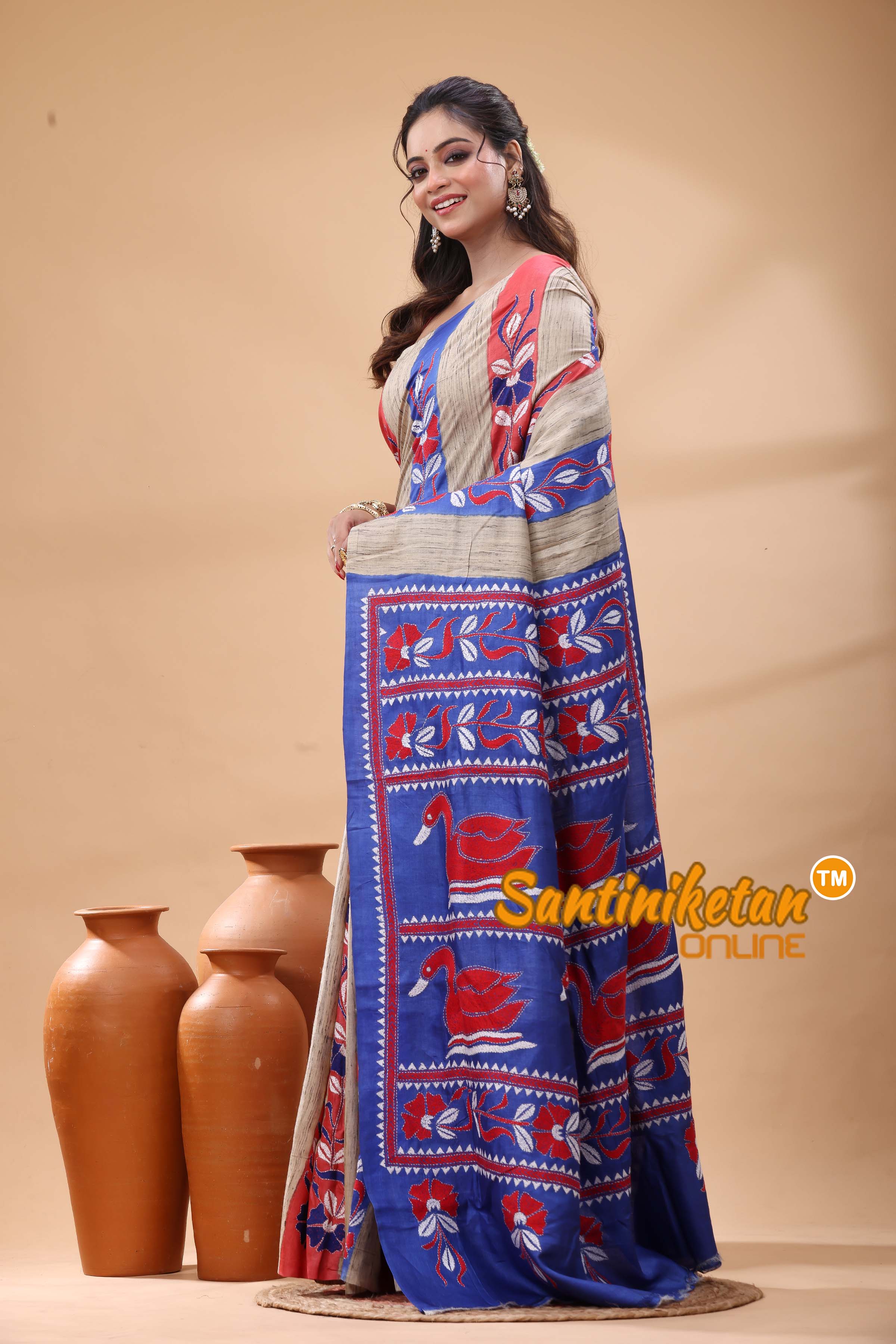 Pure Tussar Silk Kantha Stitch Saree