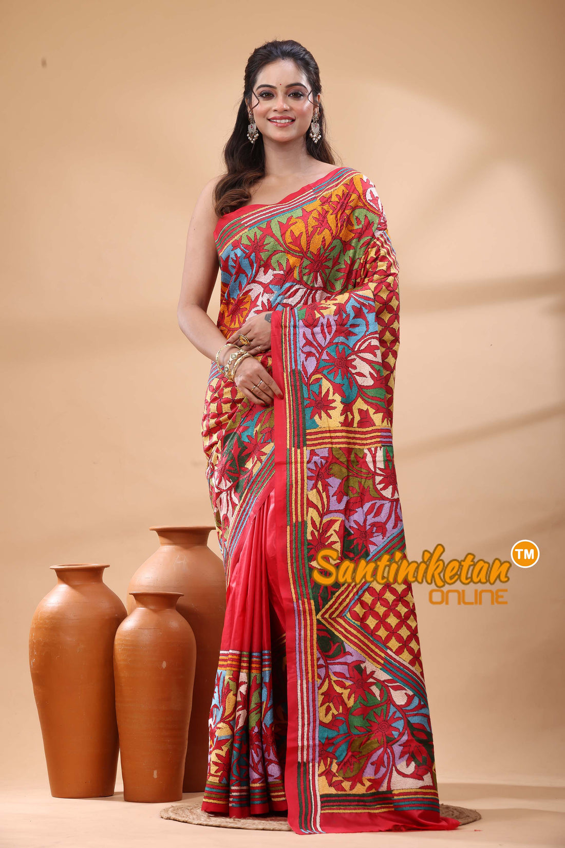 Pure Bangalore Silk Kantha Stitch Saree