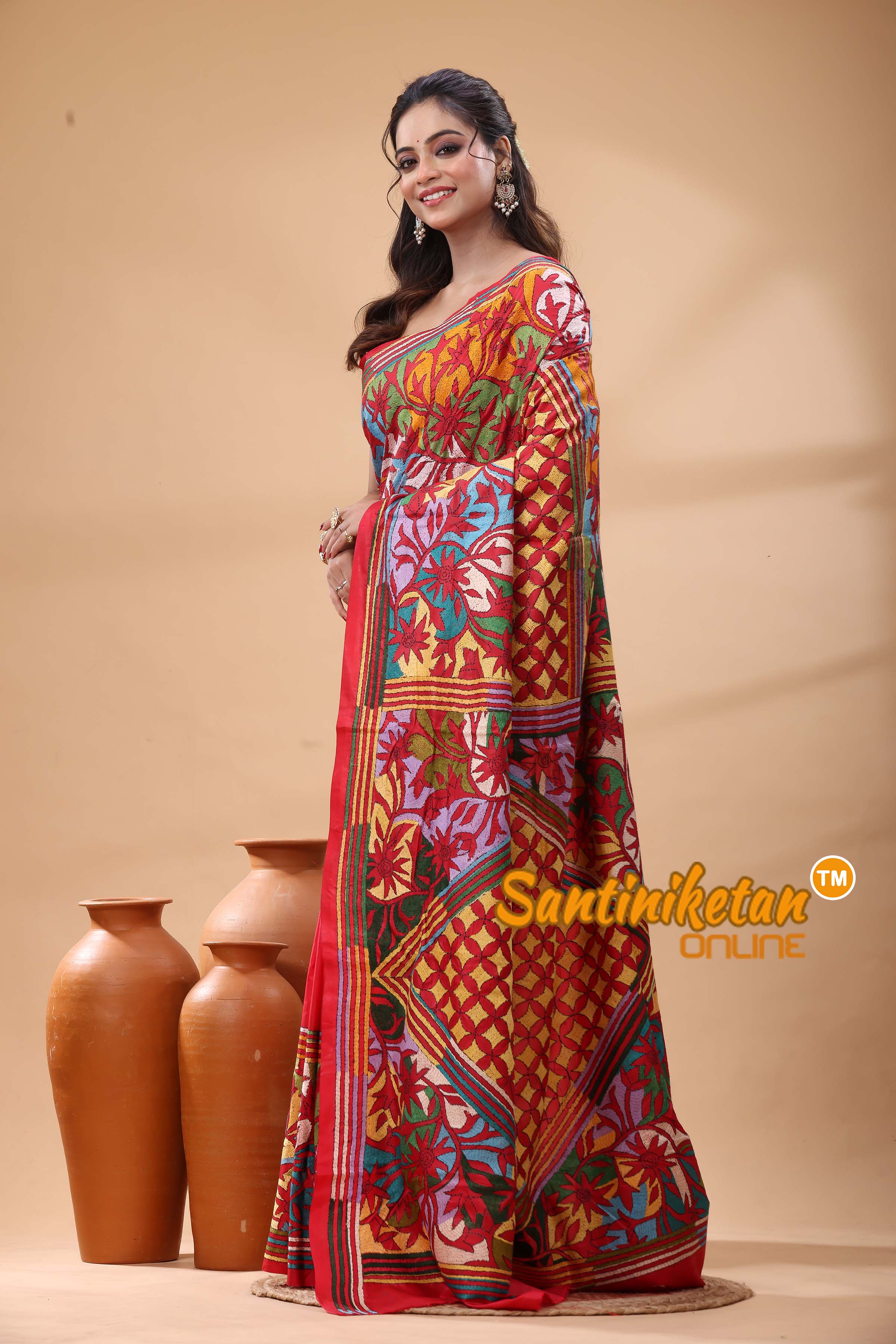Pure Bangalore Silk Kantha Stitch Saree