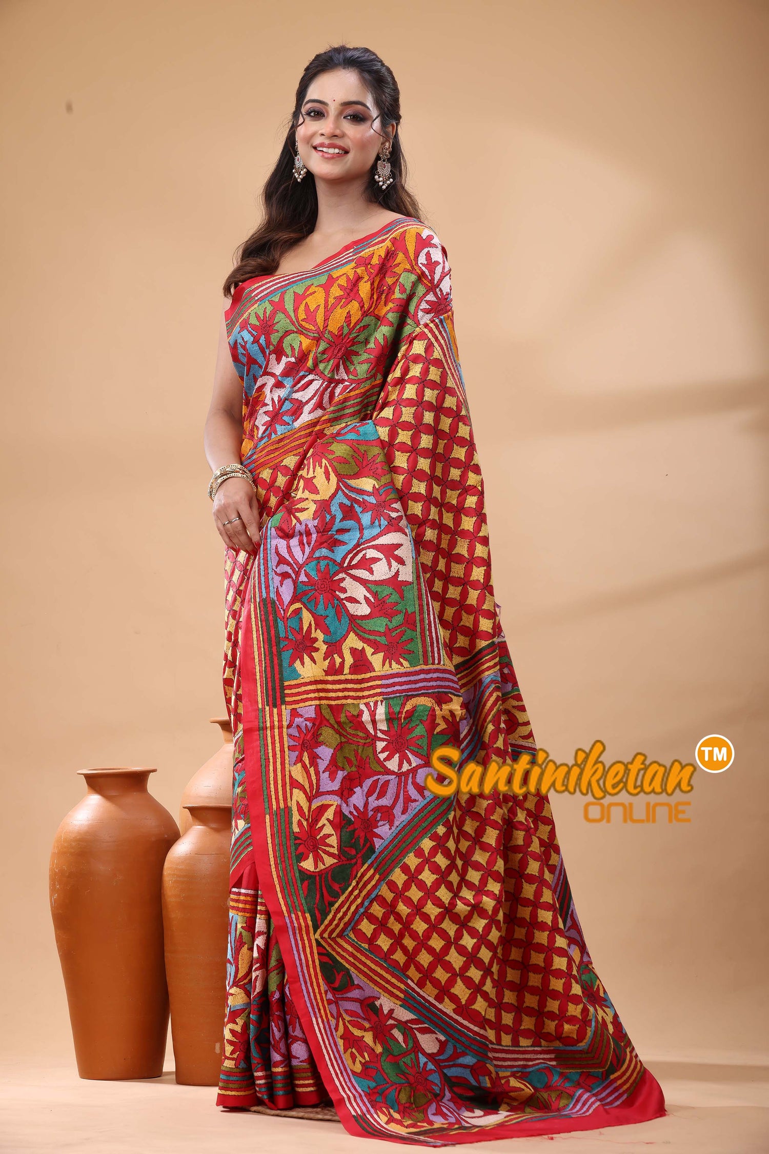Pure Bangalore Silk Kantha Stitch Saree