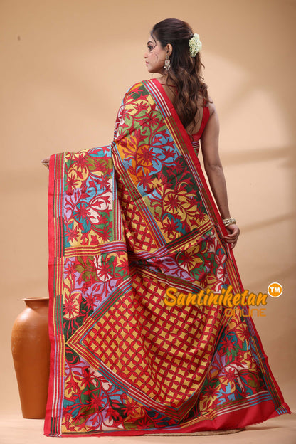 Pure Bangalore Silk Kantha Stitch Saree