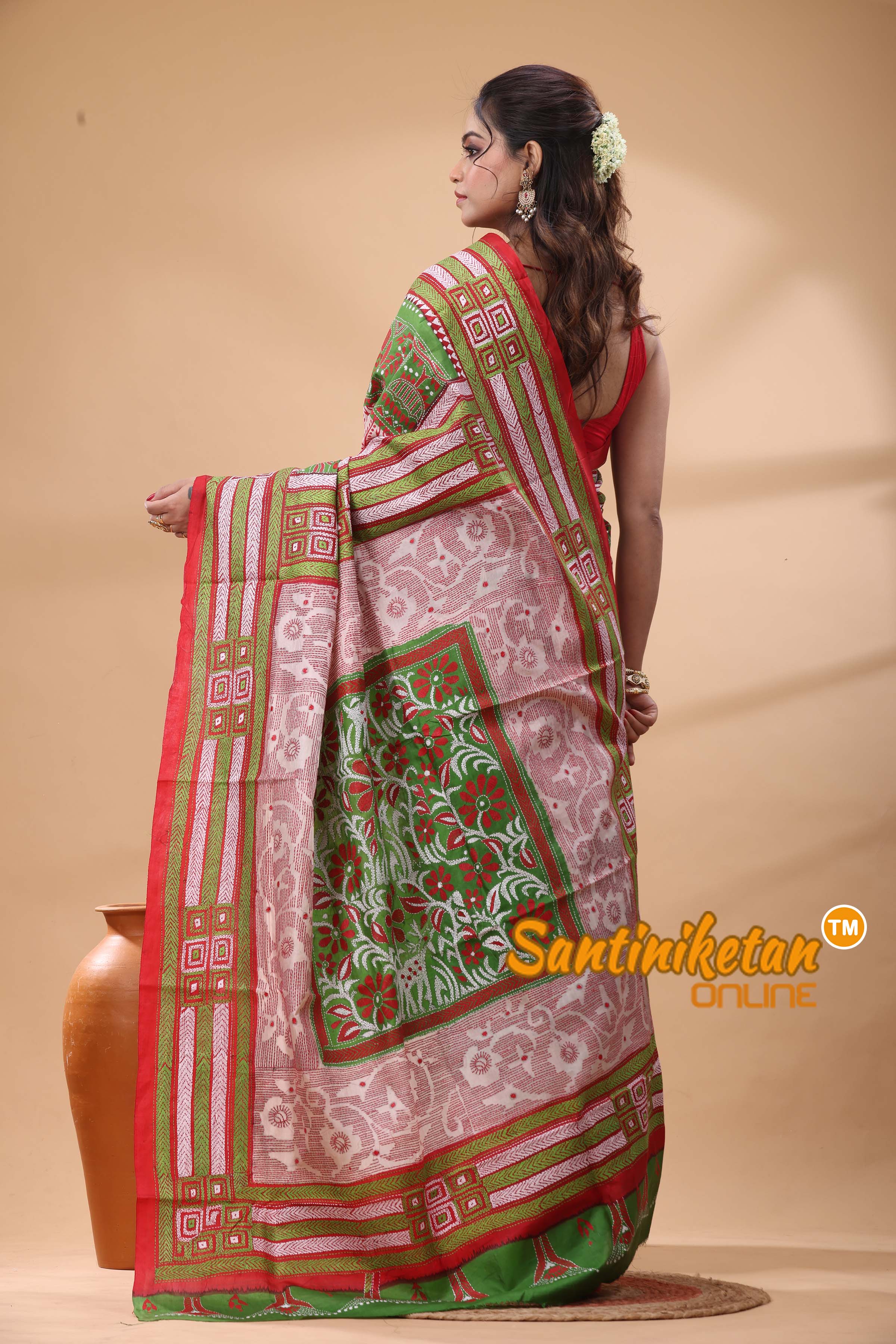 Pure Bangalore Silk Kantha Stitch Saree