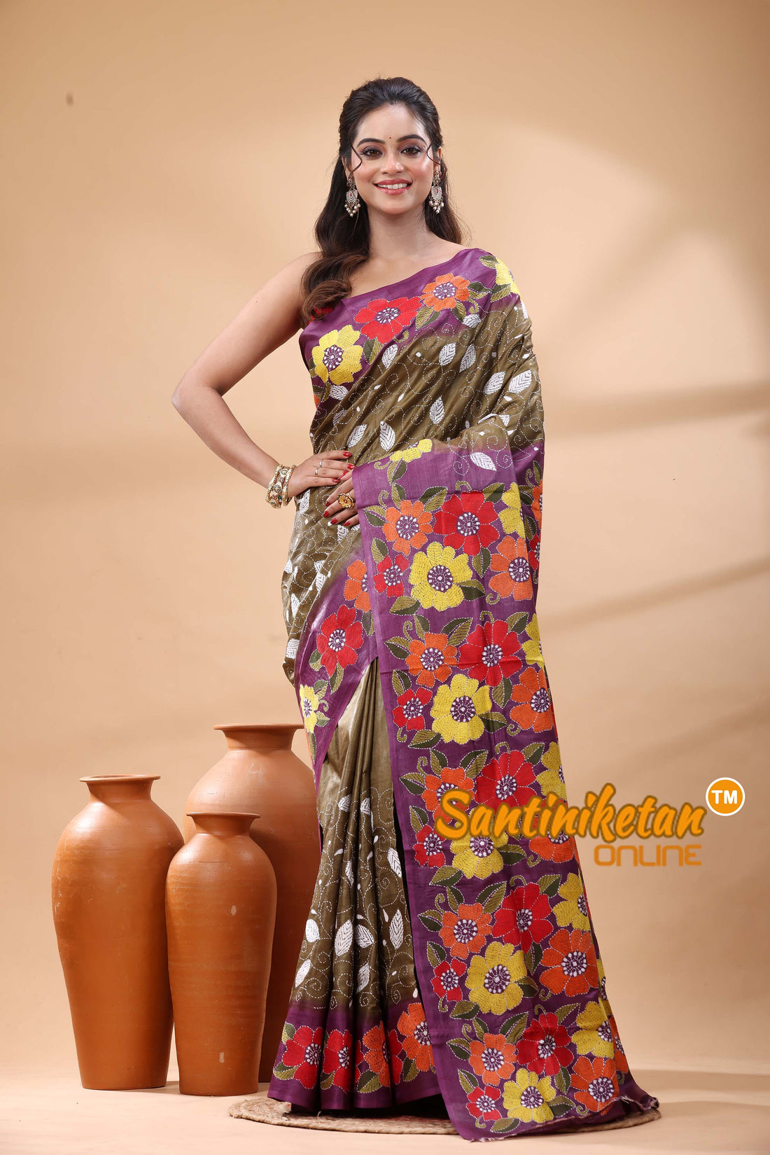 Pure Gachi Dye Tussar Silk Kantha Stitch Saree
