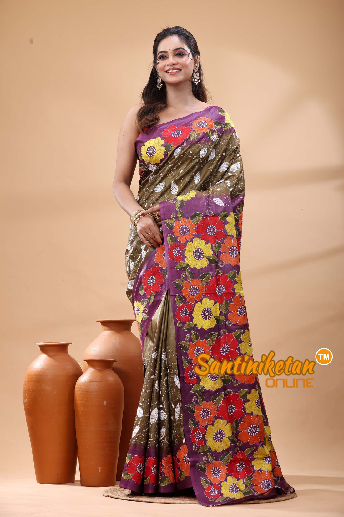 Pure Gachi Dye Tussar Silk Kantha Stitch Saree