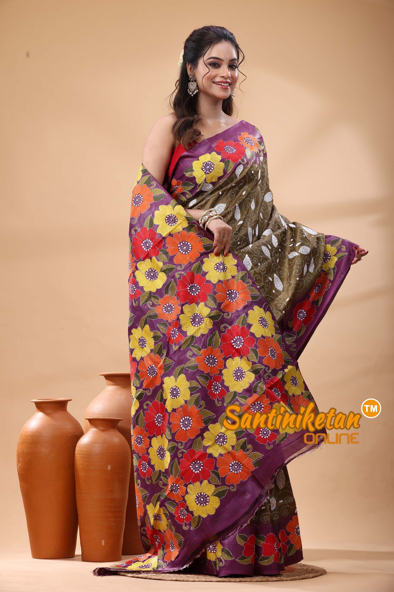 Pure Gachi Dye Tussar Silk Kantha Stitch Saree