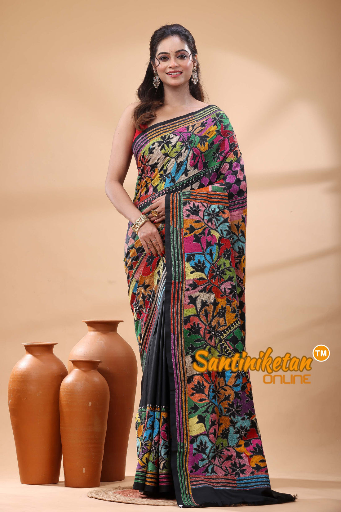 Pure Bangalore Silk Kantha Stitch Saree