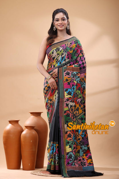 Pure Bangalore Silk Kantha Stitch Saree