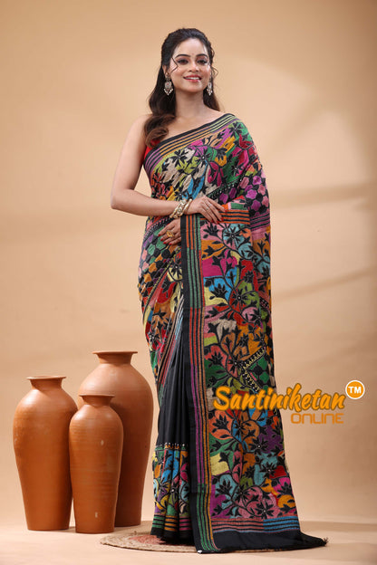 Pure Bangalore Silk Kantha Stitch Saree