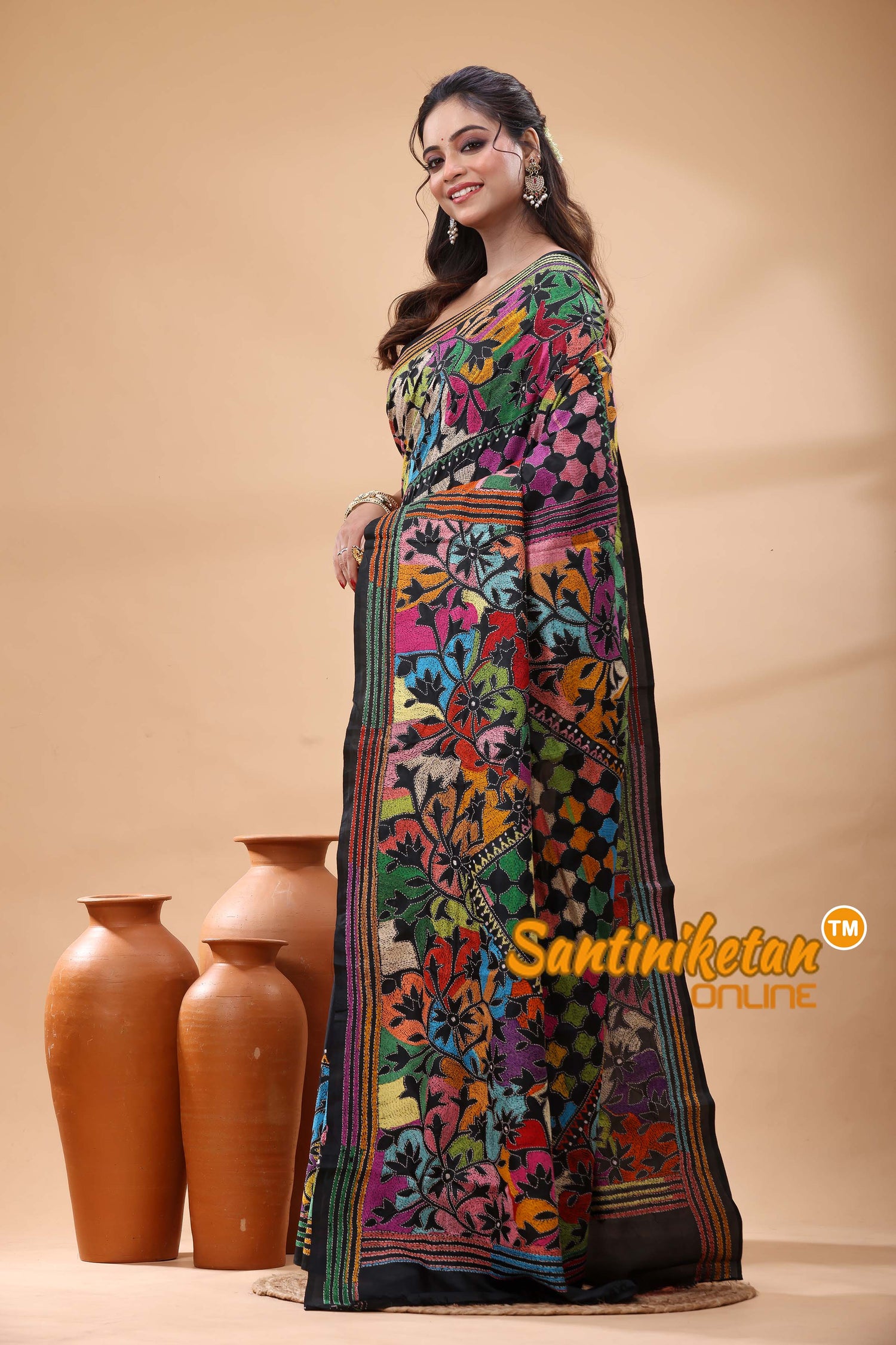Pure Bangalore Silk Kantha Stitch Saree
