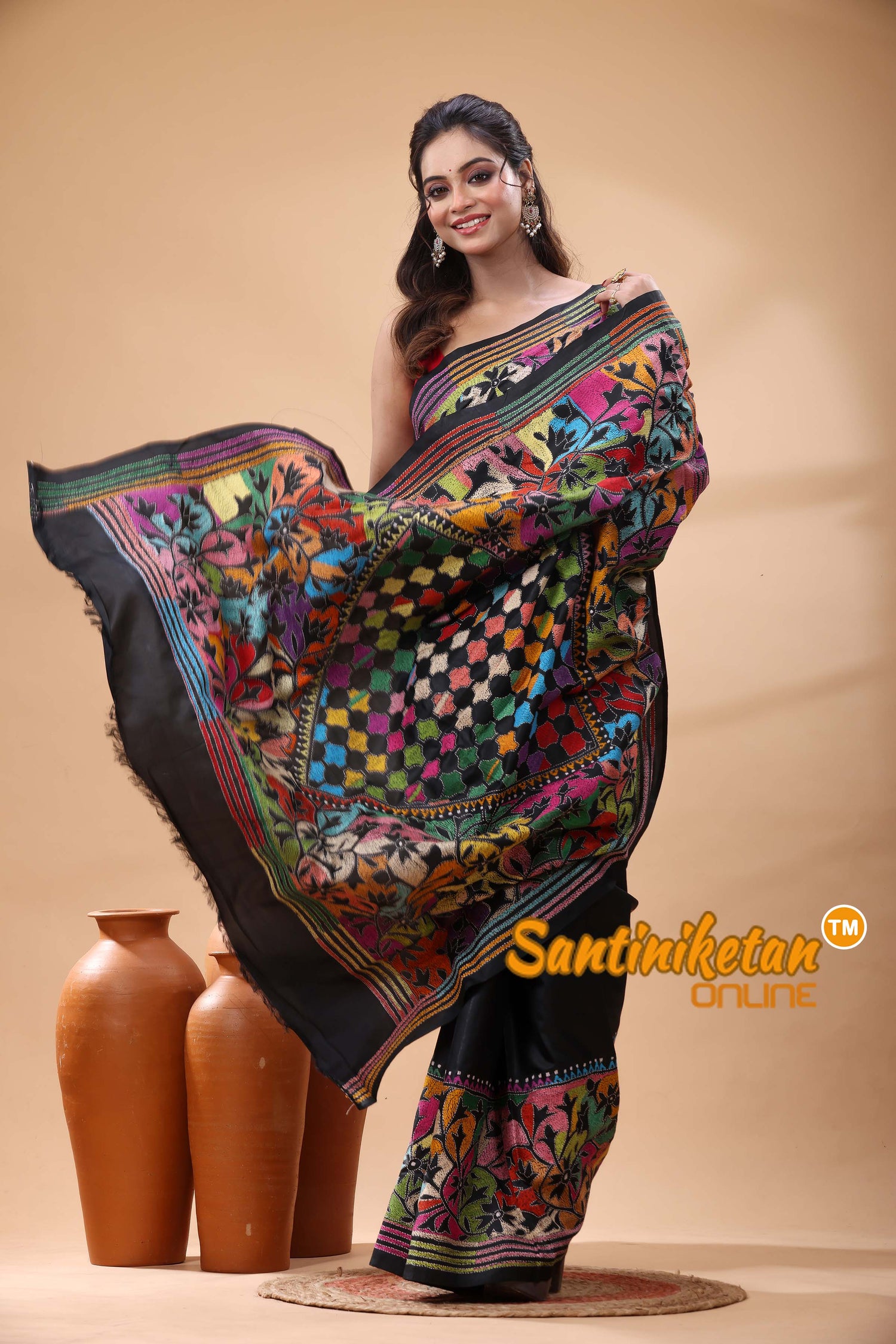 Pure Bangalore Silk Kantha Stitch Saree