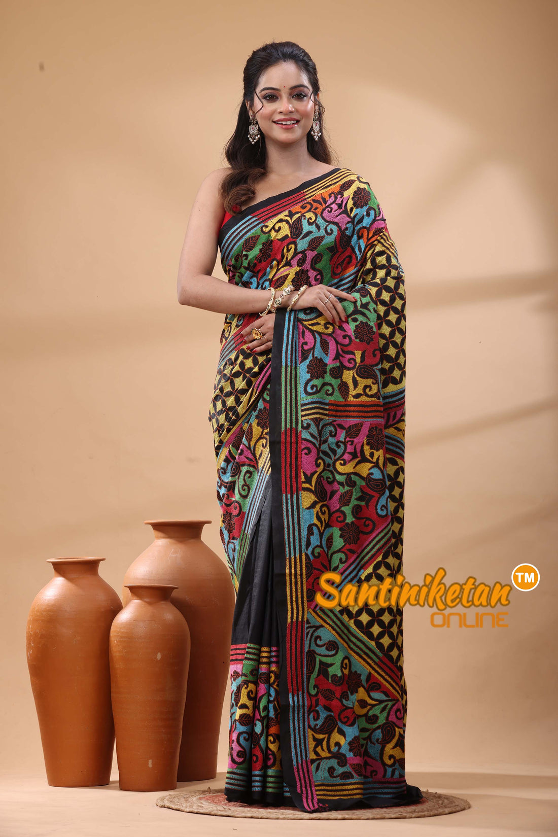 Pure Bangalore Silk Kantha Stitch Saree