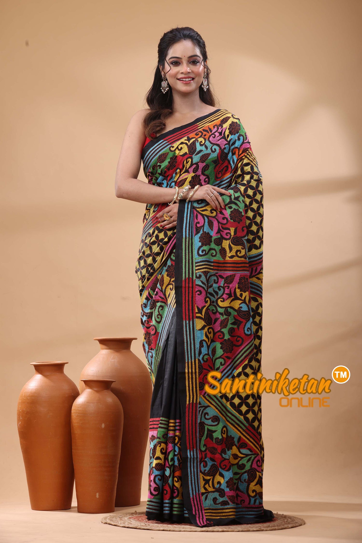 Pure Bangalore Silk Kantha Stitch Saree