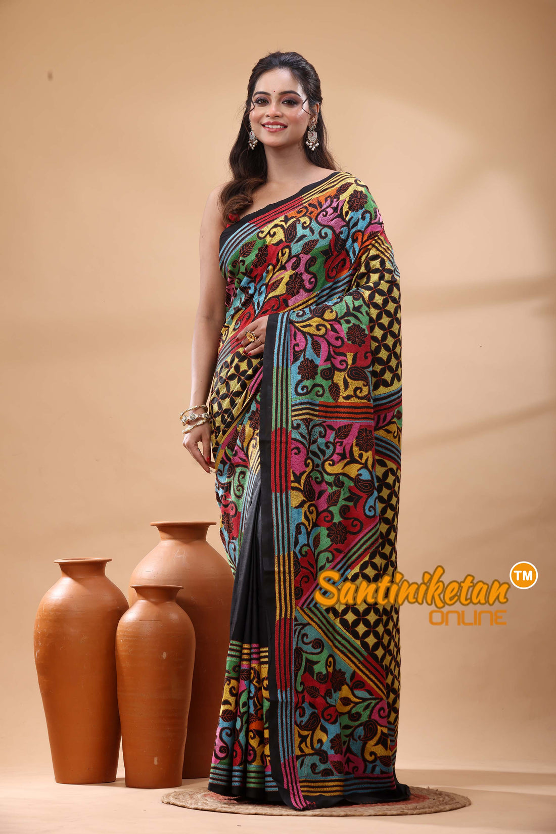 Pure Bangalore Silk Kantha Stitch Saree