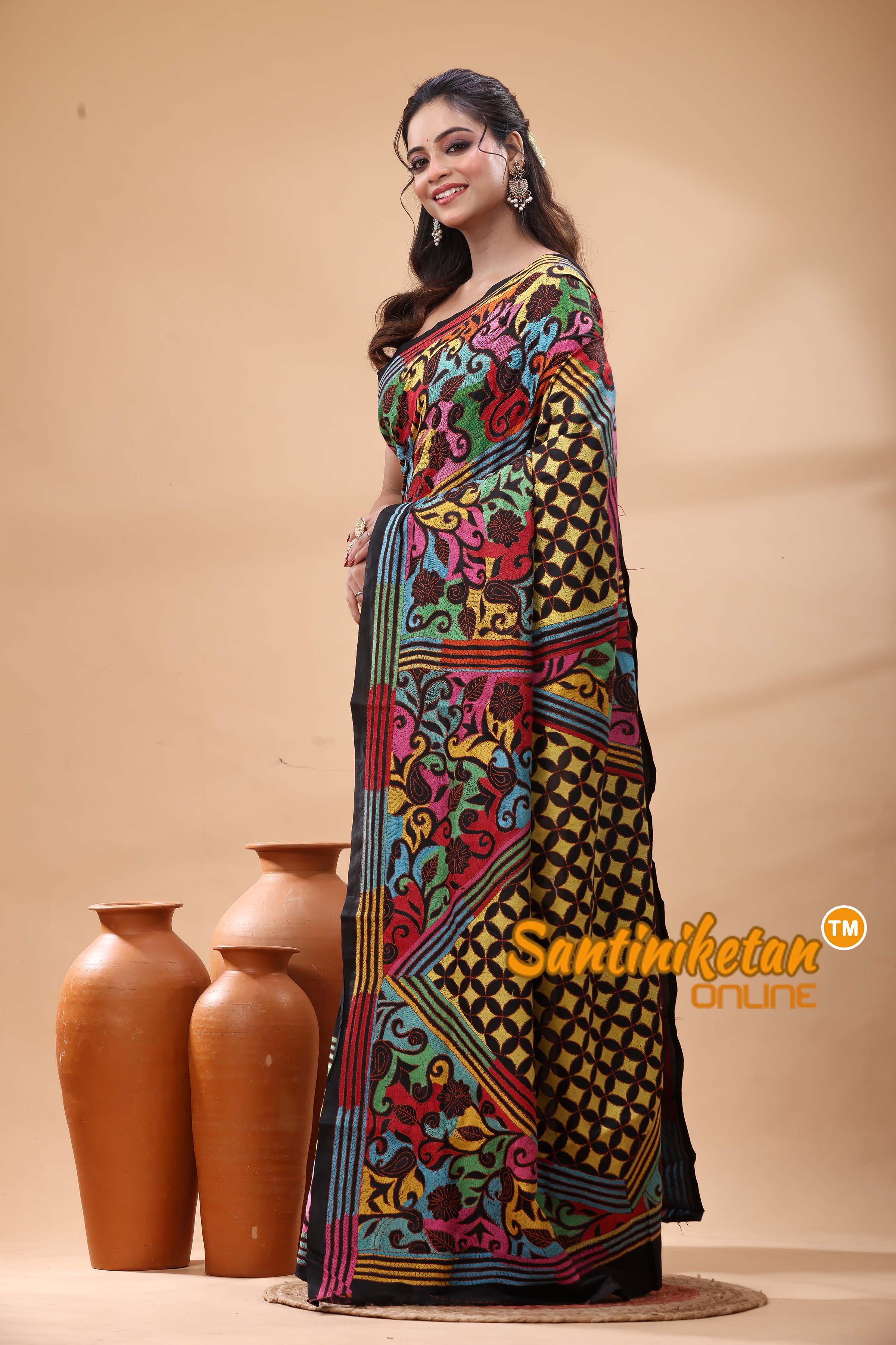 Pure Bangalore Silk Kantha Stitch Saree