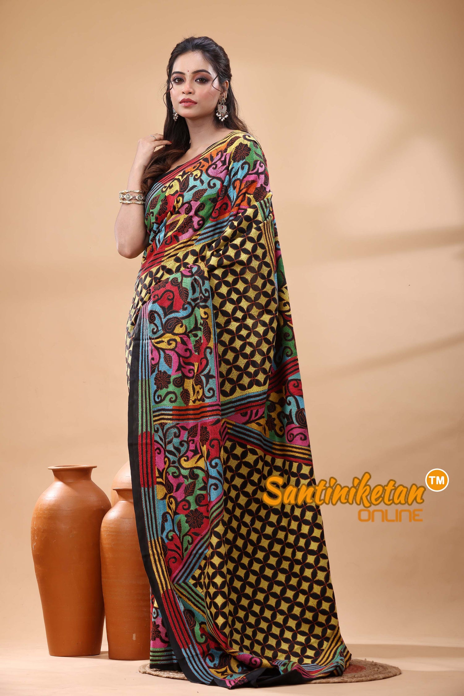 Pure Bangalore Silk Kantha Stitch Saree